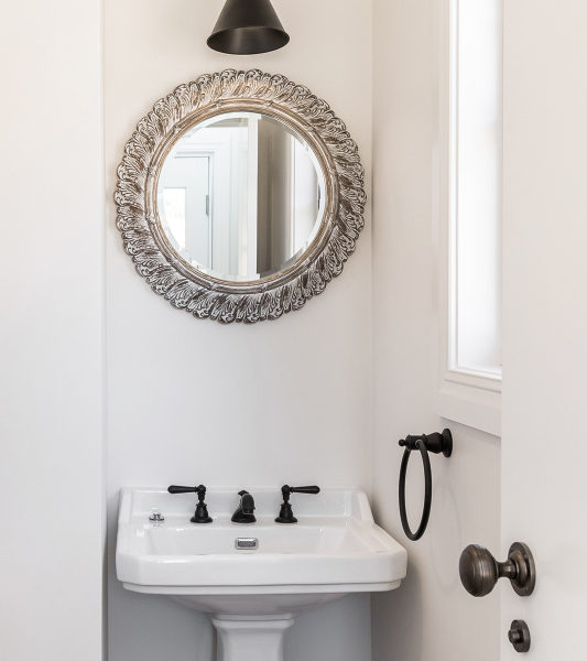 Powder room in new home build, Mandurang Sth, Bendigo, with antique style mirror and fittings