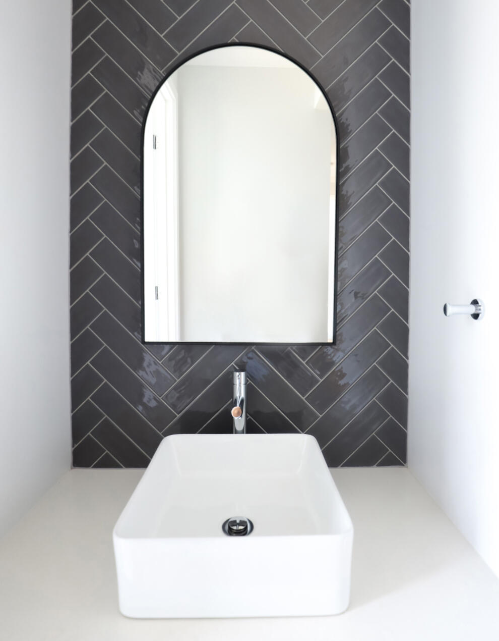 Modern white sink with grey tiles in new custom built Bendigo home