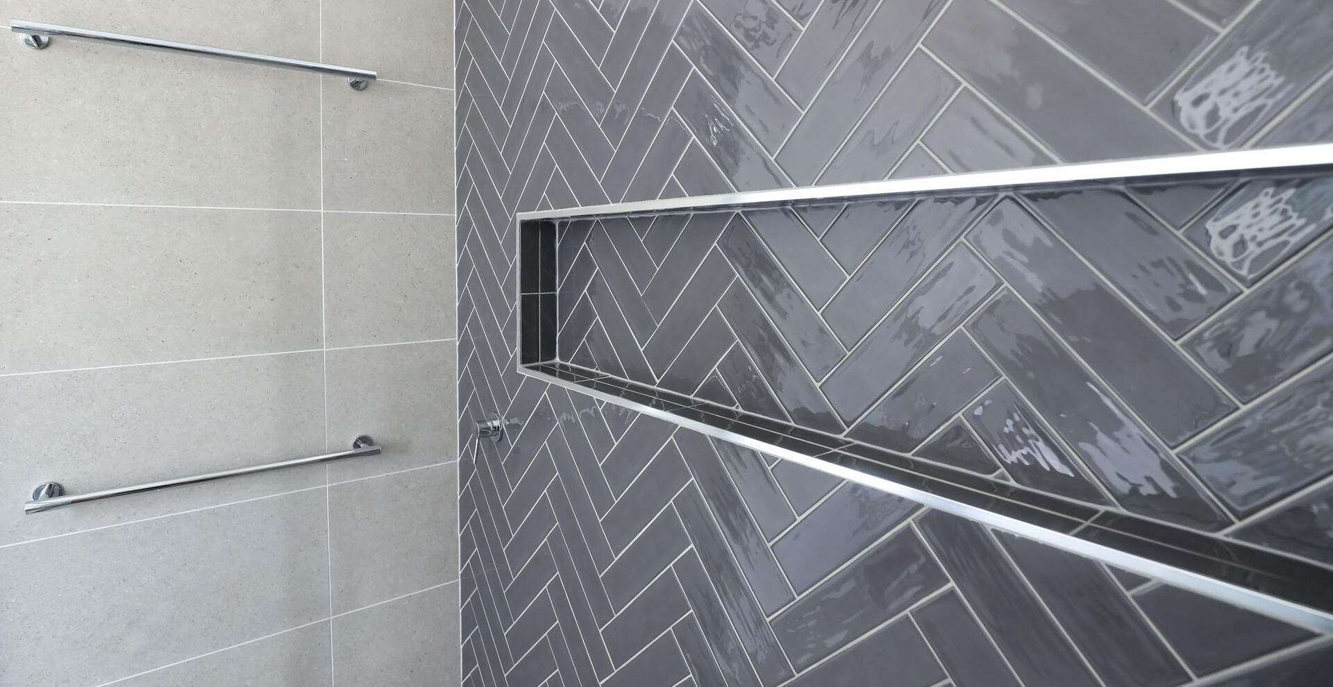 Close up of grey tiles in bathroom of custom designed home in Bendigo